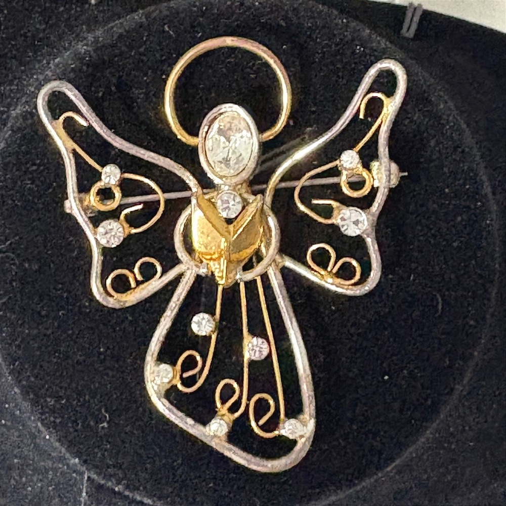 Angel Brooch Silver Gold Tone Rhinestone Celestial Religious Pin Holding Book